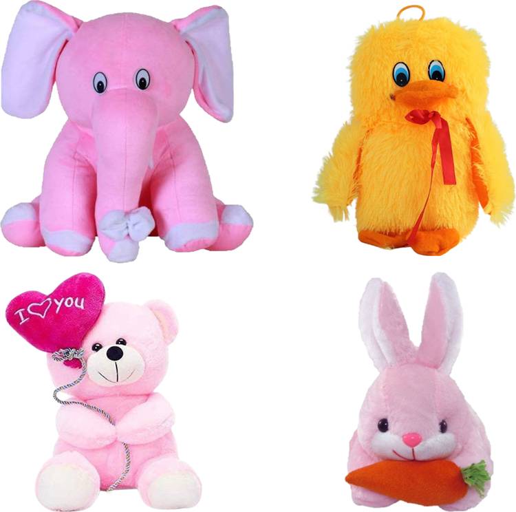 Macros Premium Quality special combo in low budget for kids Baby Elephant, Balloon teddy, Duck, Rabbit (Pack of 4). Teddy bear - 25 cm