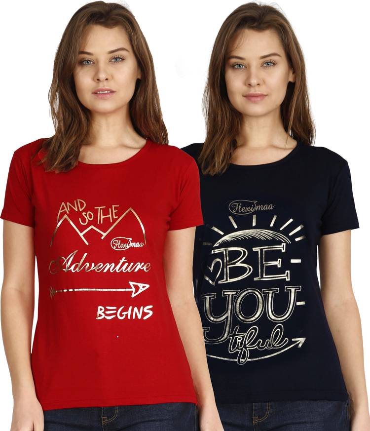 Printed Women Round Neck Red, Blue T-Shirt