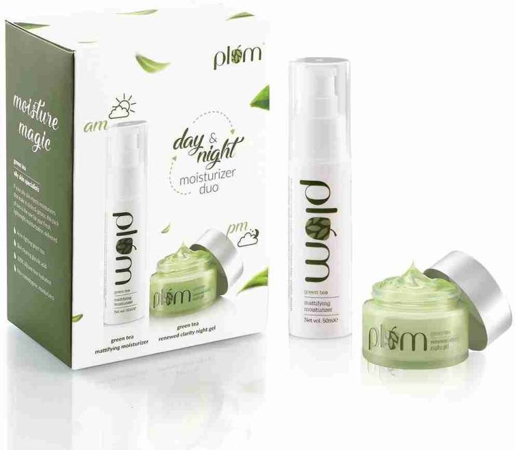Plum Day & Night Moisture Duo Gift Set | Powered by Green Tea | Fights Acne | Set of 2: Day Cream, Night Gel | Clear & Fresh Skin | Maximum Hydration | Paraben & SLS Free Price in India
