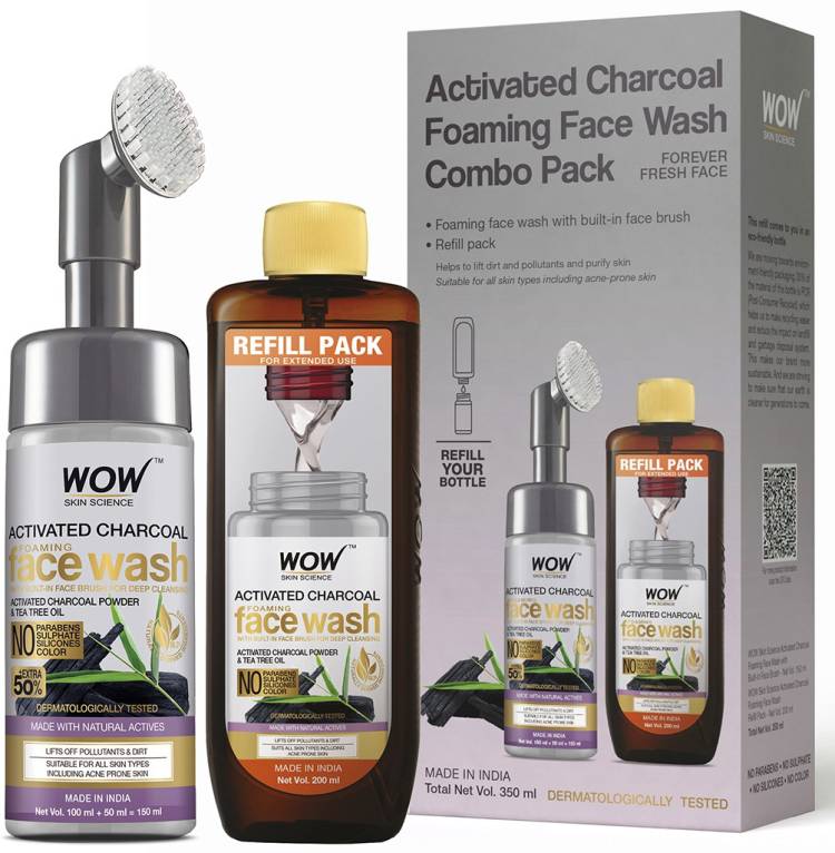 WOW SKIN SCIENCE Activated Charcoal Foaming  Save Earth Combo Pack- Consist of Foaming  with Built-In Brush & Refill Pack - No Parabens, Sulphate, Silicones & Color - Net Vol. 350mL Face Wash Price in India