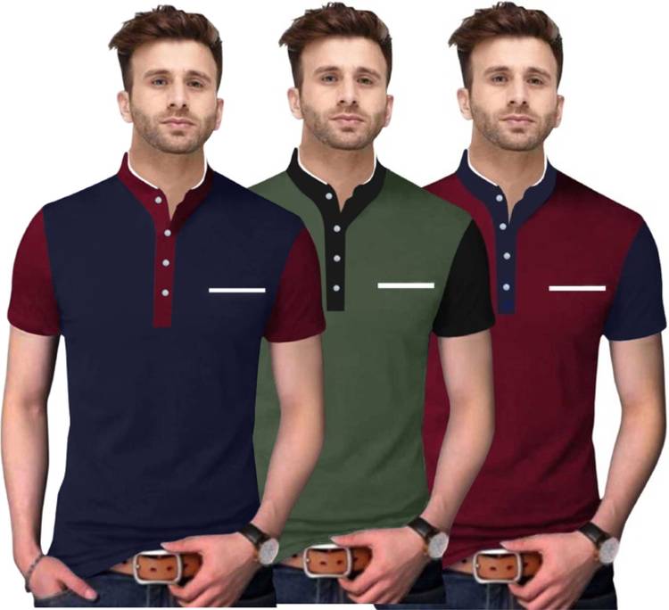 Solid Men Mandarin Collar Blue, Green, Maroon T-Shirt