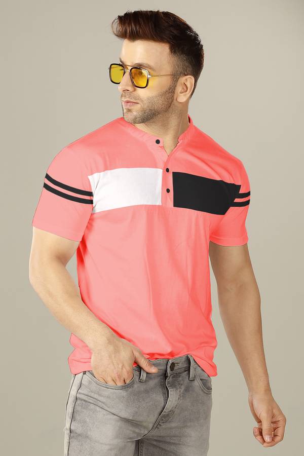 Color Block Men Henley Neck Pink, Black T-Shirt