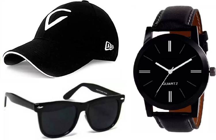 Solid, Applique COMBO PACK SET OF 3 WATCH - 01 + CAP - 01 + SUNGLASS - 01 LUXURY FASHION STYLISH LOOK Cap