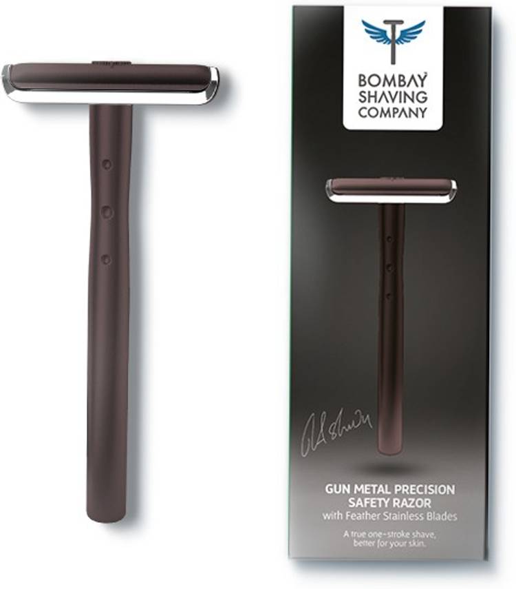 BOMBAY SHAVING COMPANY Precision Safety Razor for Men with 5 Platinum Coated Feather Razor Blades Combo| Stainless Steel Design with Anti Slip Grip (Gun Metal)