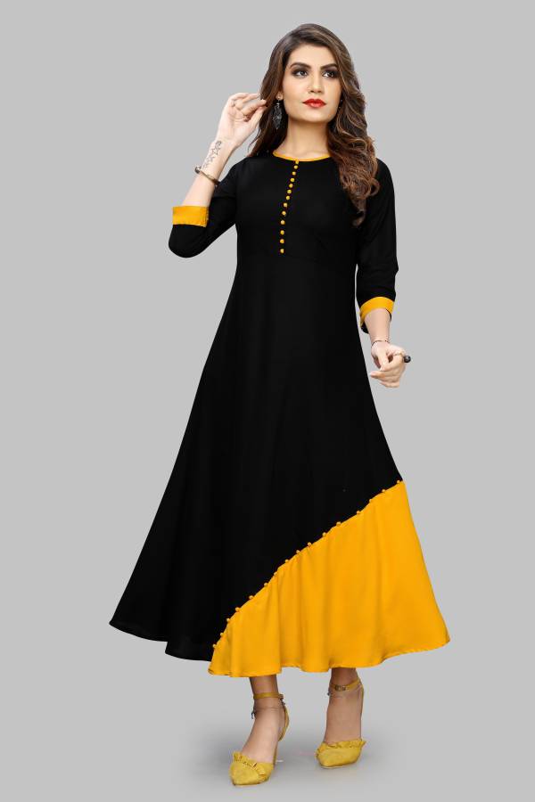 Women A-line Black, Yellow Dress Price in India