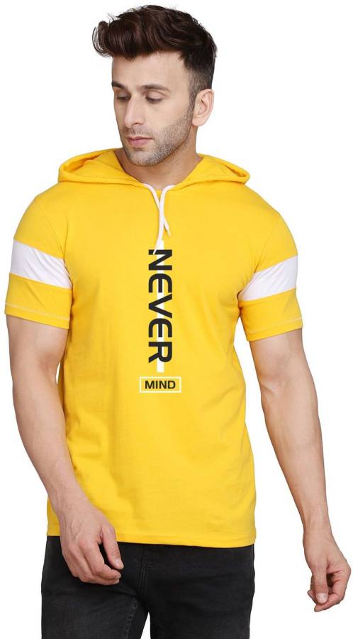 Graphic Print Men Hooded Neck Yellow, White T-Shirt