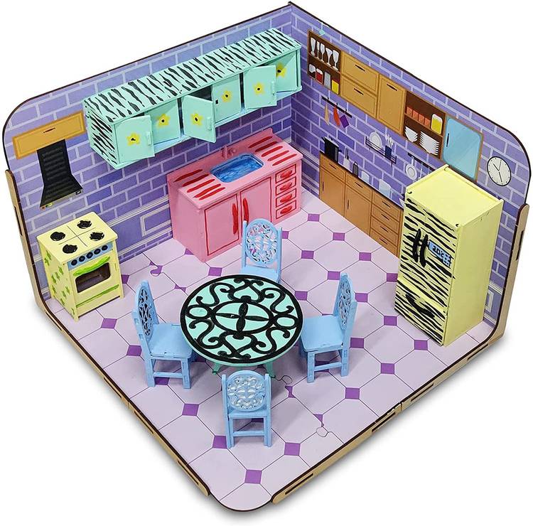 Webby DIY Build & Paint Kitchen with Furniture Wooden Dollhouse Kit for Kids