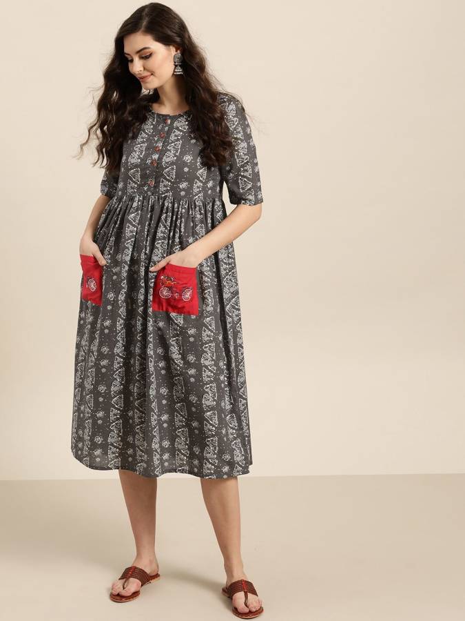 Women Fit and Flare Grey Dress Price in India