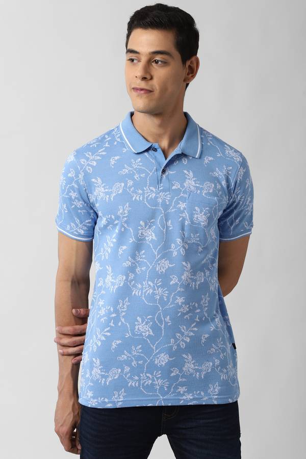 Self Design Men Round Neck Light Blue T-Shirt