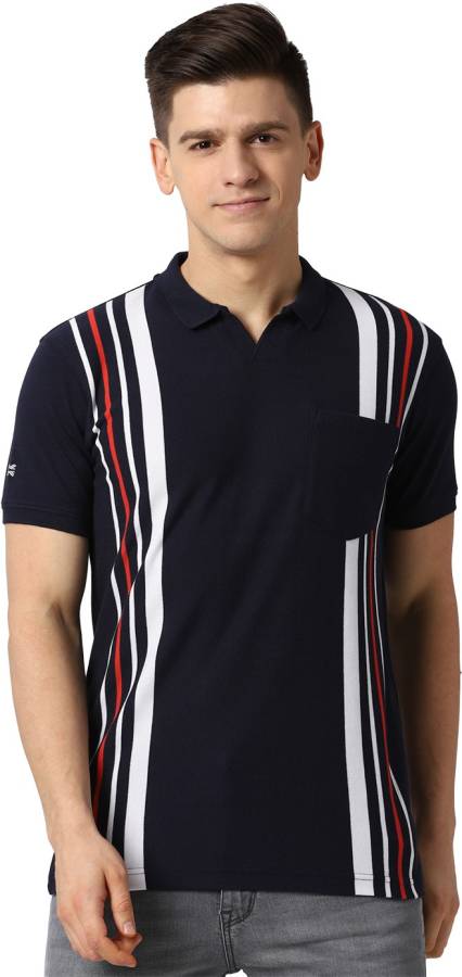 Vertical Stripes Men Polo Neck Dark Blue T-Shirt Price in India