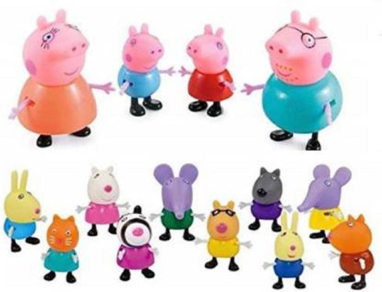 KOOZA COLLECTION Pig Family & Friends – Peppa, George, Mummy, Daddy - Toy Set Action Figure - 14 pcs set (Multicolor) (Multicolor)