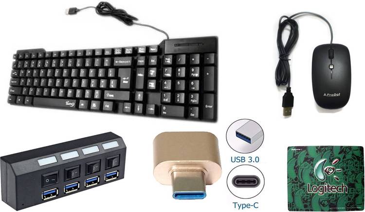 Prolite keyboard,mouse, usb hub (4 port),mouse pad,C Type OTG combo Wired USB Multi-device Keyboard