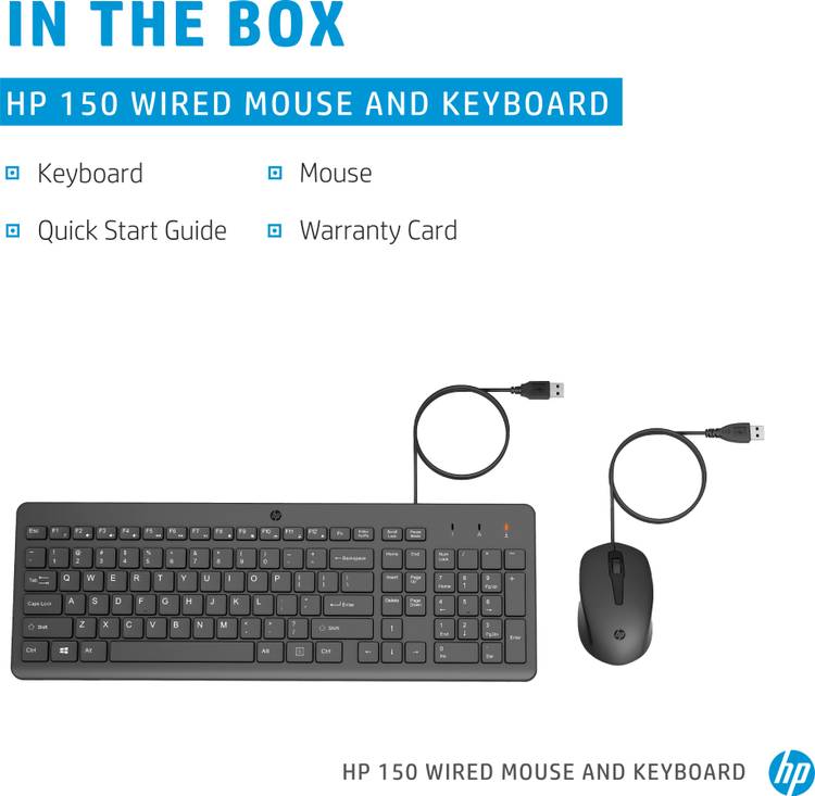 HP 150 Wired Mouse and Keyboard Wired USB Multi-device Keyboard