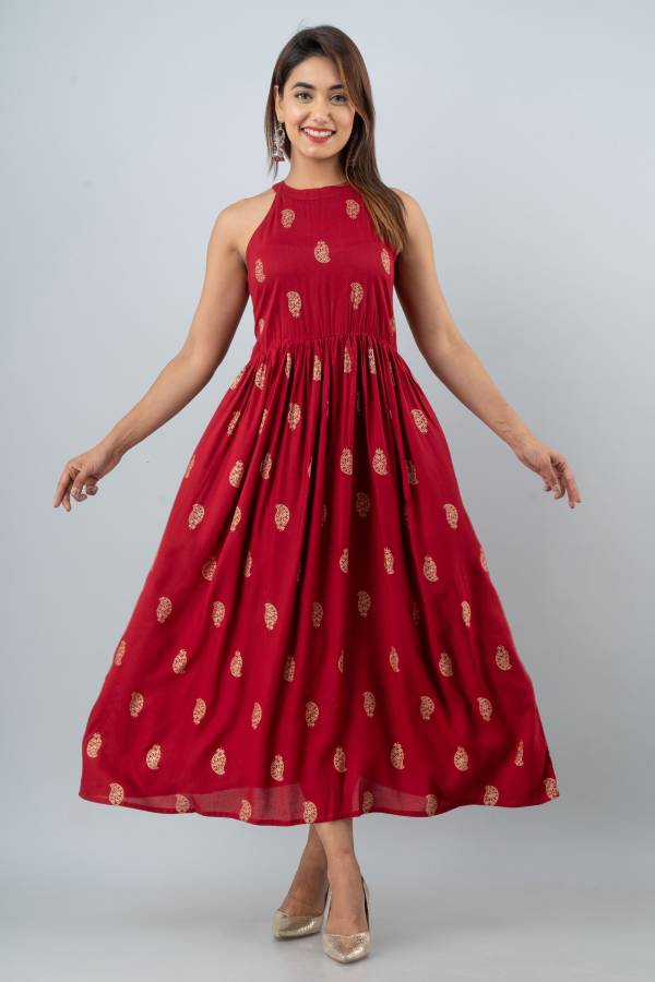 Women Gathered Maroon Dress Price in India