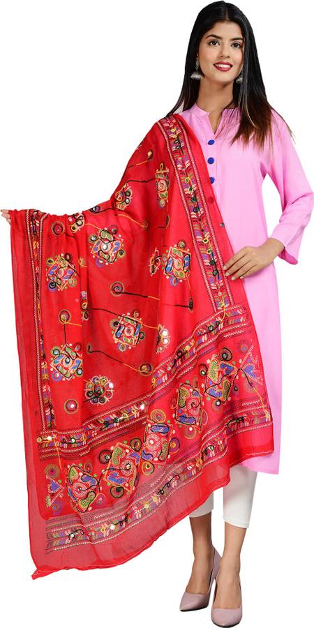 Cotton Silk Embroidered Red Women Dupatta