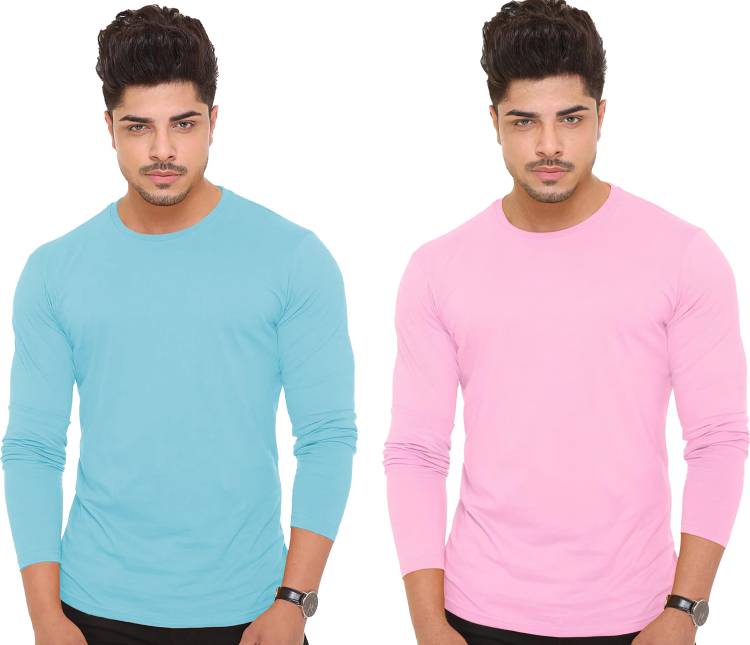 Solid Men Round Neck Light Blue, Pink T-Shirt Price in India