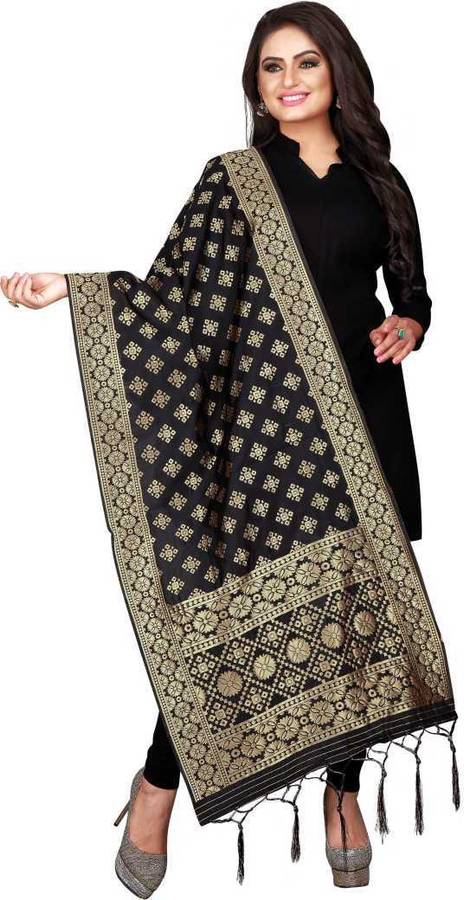 Silk Blend Embroidered Black Women Dupatta