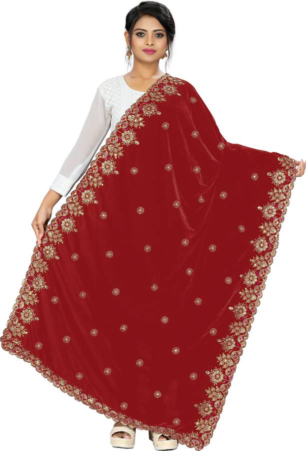 Velvet Embroidered Red Women Dupatta