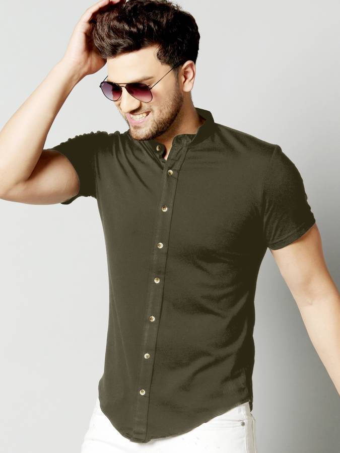 Men Regular Fit Solid Mandarin Collar Casual Shirt Price in India