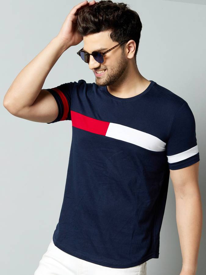 Color Block Men Round Neck Blue, Red, White T-Shirt Price in India