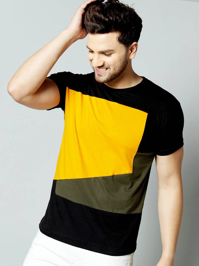 Color Block Men Round Neck Black, Yellow, Dark Green T-Shirt