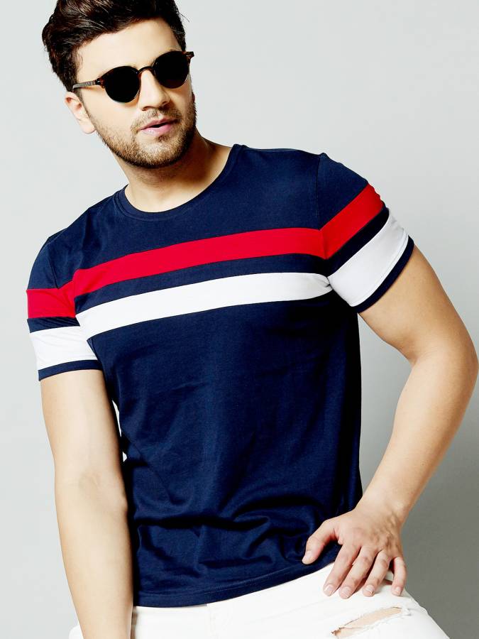 Color Block Men Round Neck Red, White, Dark Blue T-Shirt Price in India