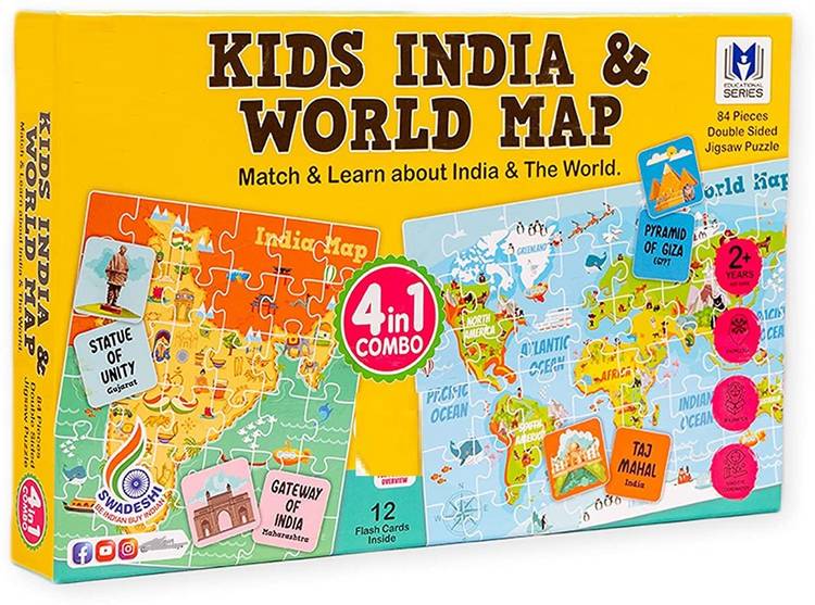 PEZYOX Kids India & World Map Jigsaw 4 in 1 with 12 Flash Cards 84 Pieces Double Sided Jigsaw Puzzle Educational Toy for Kids