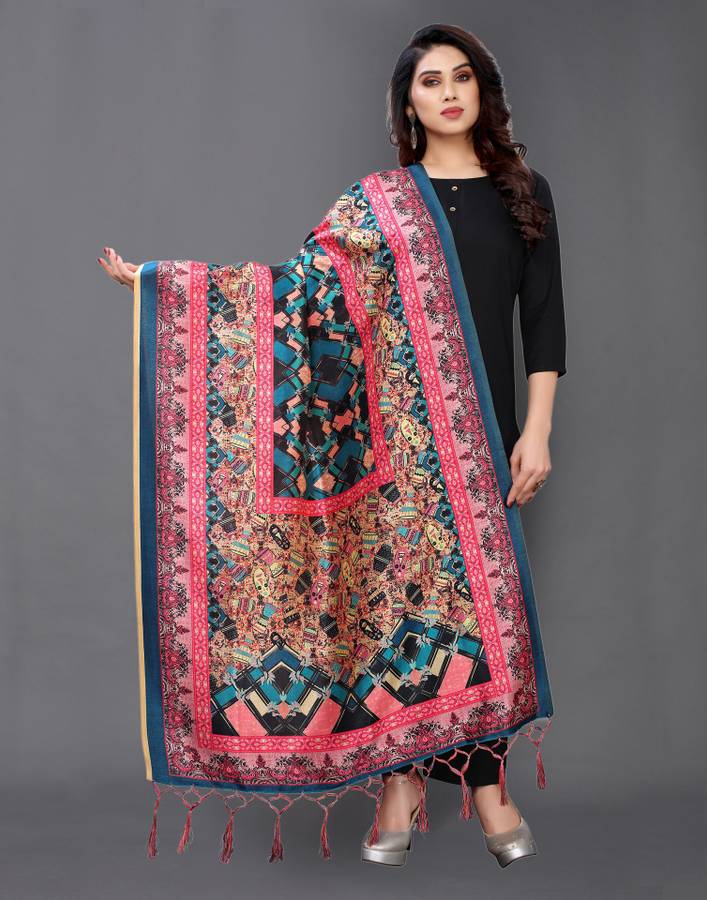 Silk Blend Geometric Print, Floral Print, Printed Multicolor Women Dupatta