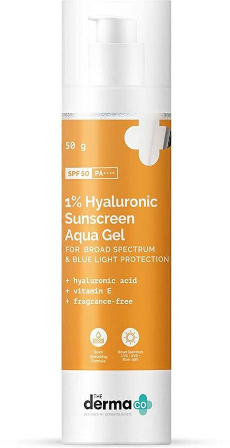 The Derma Co 1% Hyaluronic Sunscreen Aqua Ultra Light Gel with SPF 50 PA++++ For Broad Spectrum, UV A, UV B & Blue Light Protection - SPF 50 PA++++