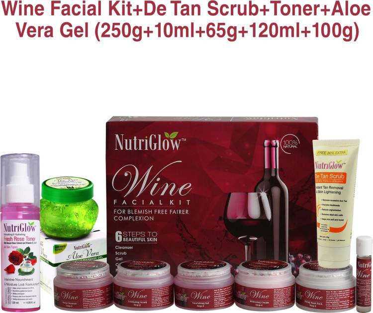 NutriGlow Red Wine Facial Kit (250 gm) +De tan Scrub (100 gm) + Aloe Vera Massager Gel ( 100 gm) + Red Wine Rose Toner (120 ml) Price in India