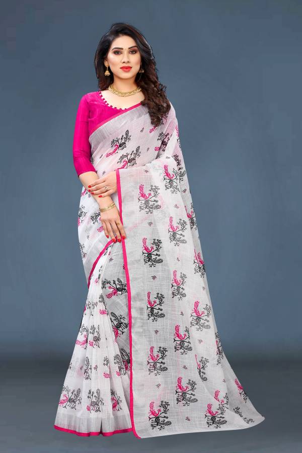 Printed Daily Wear Cotton Linen Blend Saree Price in India