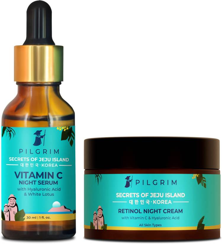 Pilgrim "Jeju Night Care Hydration Combo | Retinol Night Cream 50g | Vitamin C Night Serum (Oil based) 30 ml | De-pigmentation | Anti-ageing | Energized & Rejuvenated Skin | All Skin Types | Men and Women | Korean Beauty " Price in India