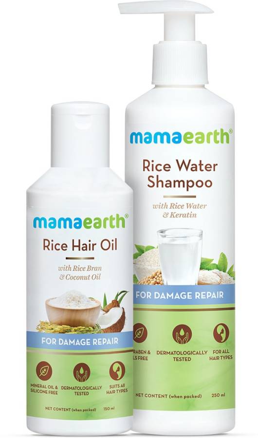 MamaEarth Damage Repair Hair Combo - Rice Water Shampoo 250ml + Rice Water Hair Oil 150ml Price in India