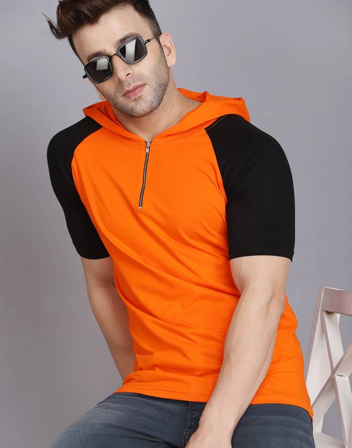 Color Block Men Hooded Neck Orange T-Shirt