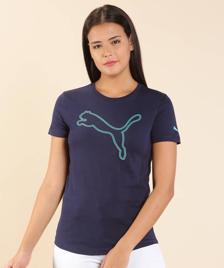 Printed Women Round Neck Dark Blue T-Shirt