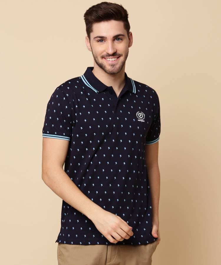 Polka Print Men Polo Neck Dark Blue T-Shirt