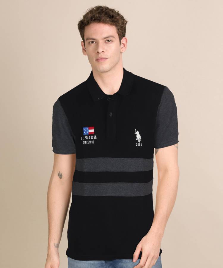 Color Block Men Polo Neck Black T-Shirt Price in India