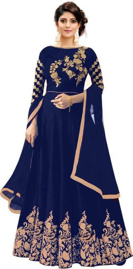 Cotton Linen Blend Embroidered Gown/Anarkali Kurta & Bottom Material Price in India