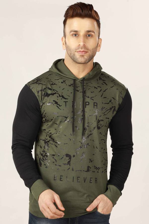 Printed Men Hooded Neck Dark Green, Black T-Shirt Price in India