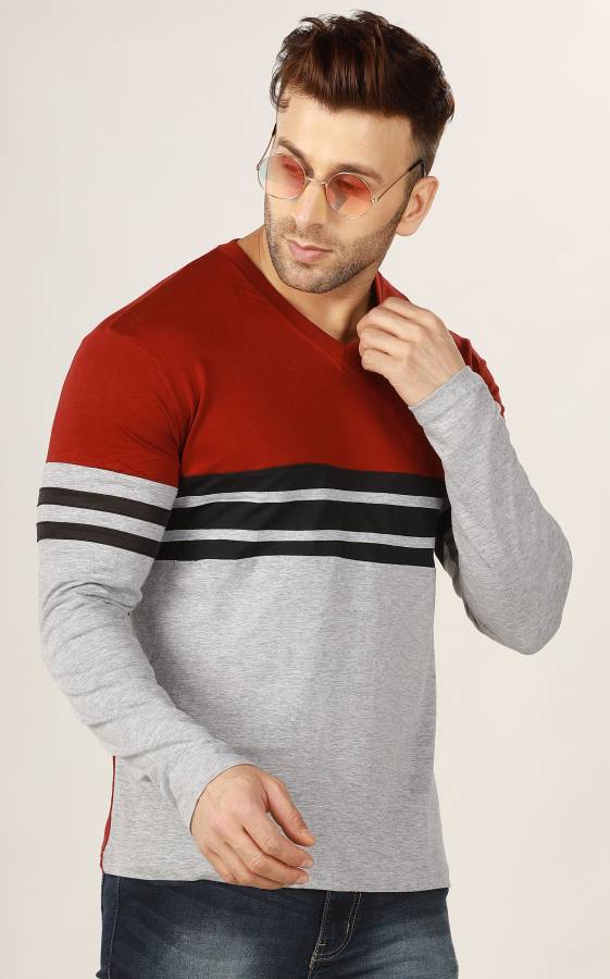 Striped Men V Neck Maroon, Grey T-Shirt Price in India