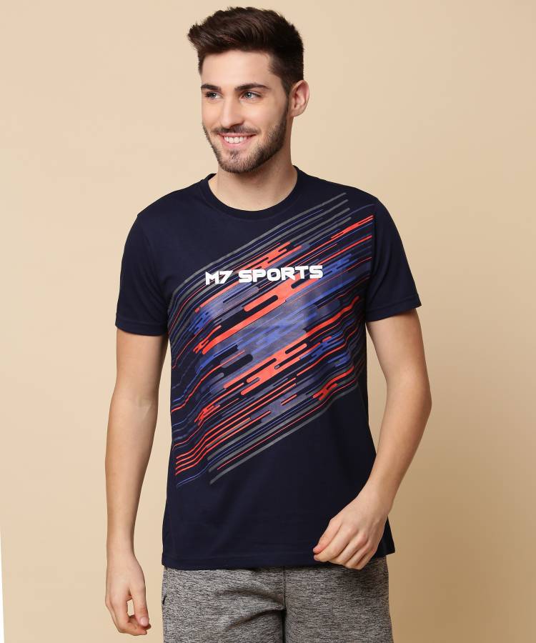 Printed Men Round Neck Dark Blue T-Shirt Price in India