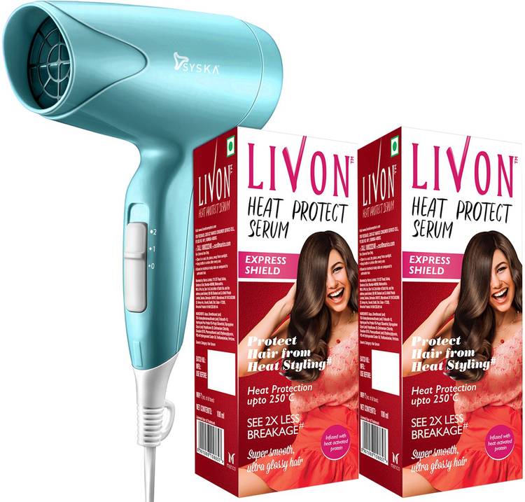 LIVON Heat Protect Serum, For Protection Upto 250C, 2X Less Hair Breakage and Syska Hair Dryer