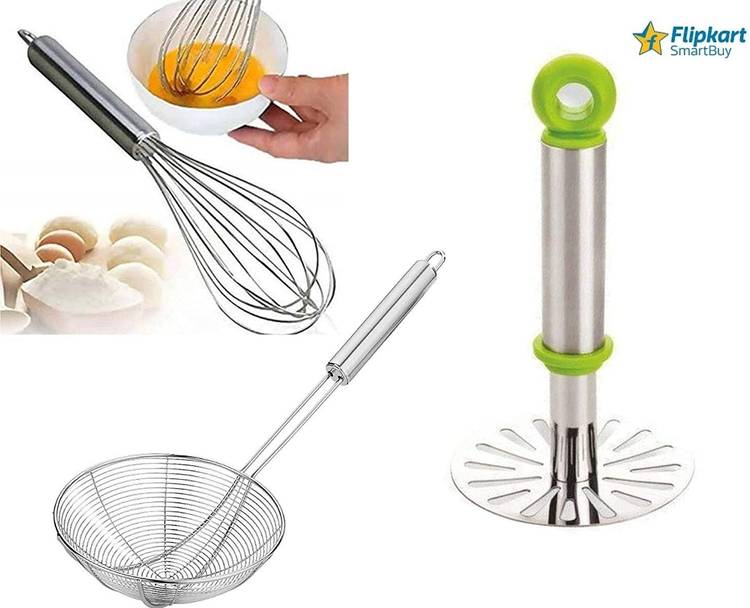 Flipkart SmartBuy Steel bhaji Masher , Wisk & Puri Jhar Combo Set of 3 pcs Stainless Steel Potato Vegetable Masher , Wisker and Puri Jhar Kitchen Tool Set Silver Kitchen Tool Set