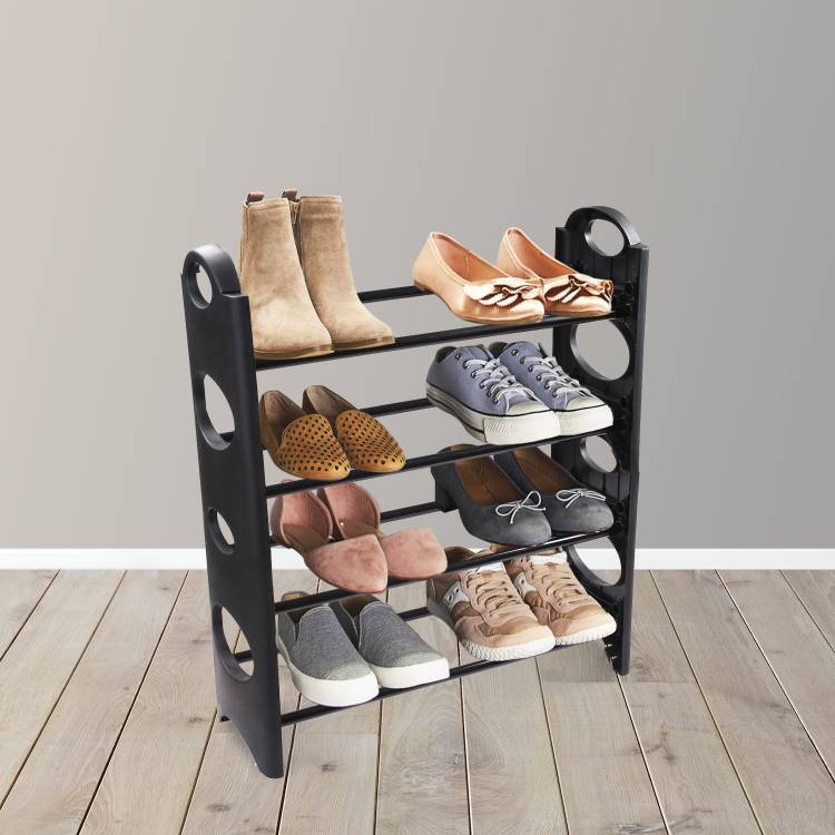 TNT Multipurpose Foldable Cabinet Organiser 4 Shelves, Black Metal Shoe Stand