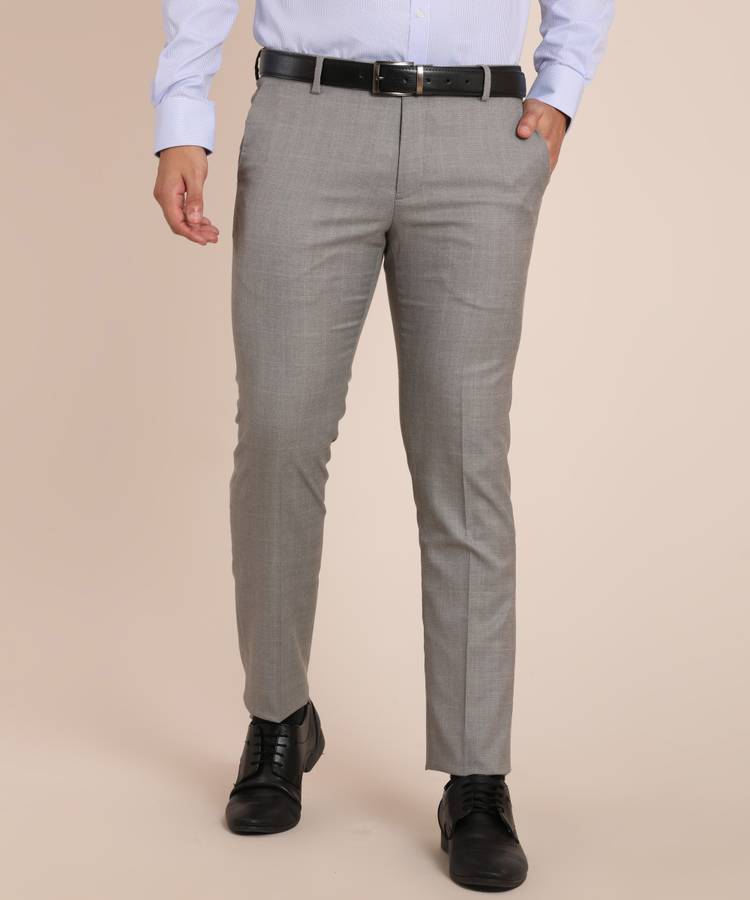 Tapered Men Grey Polyester Viscose Blend Trousers
