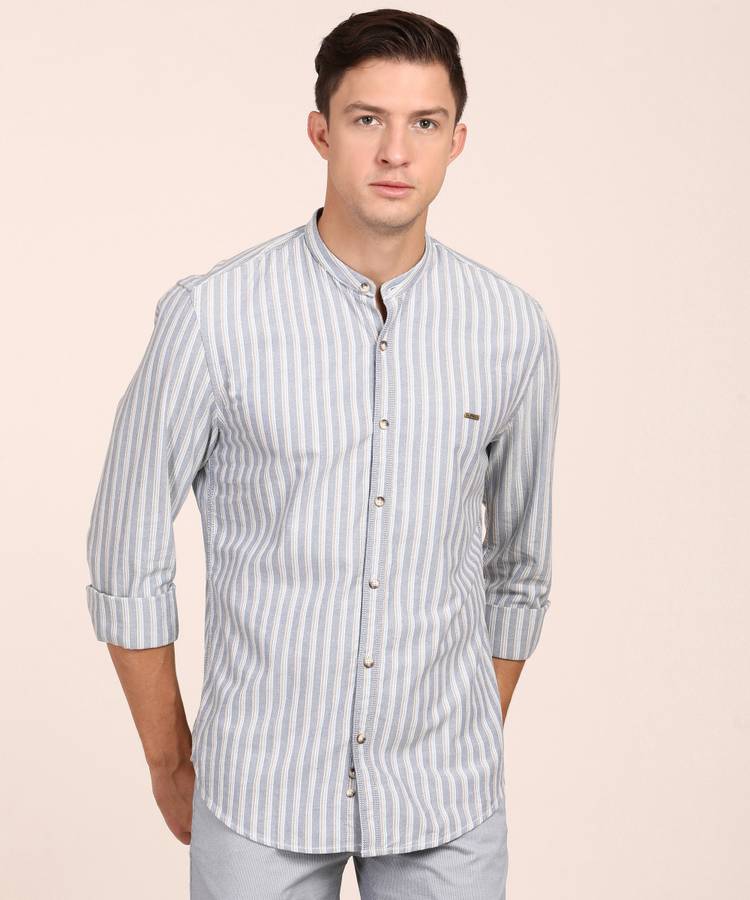 Men Super Slim Fit Striped Mandarin Collar Casual Shirt