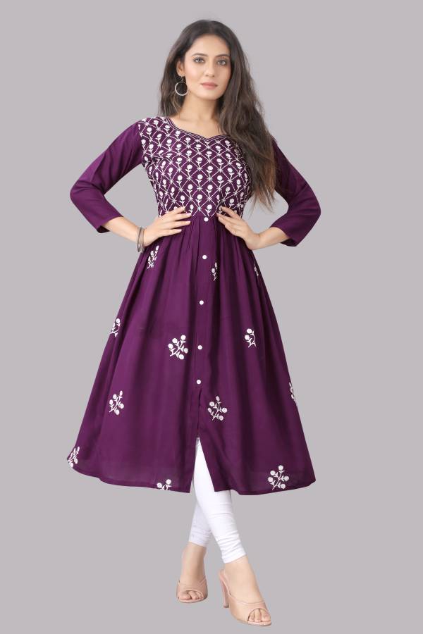 Women Embroidered Cotton Rayon Blend Flared Kurta Price in India
