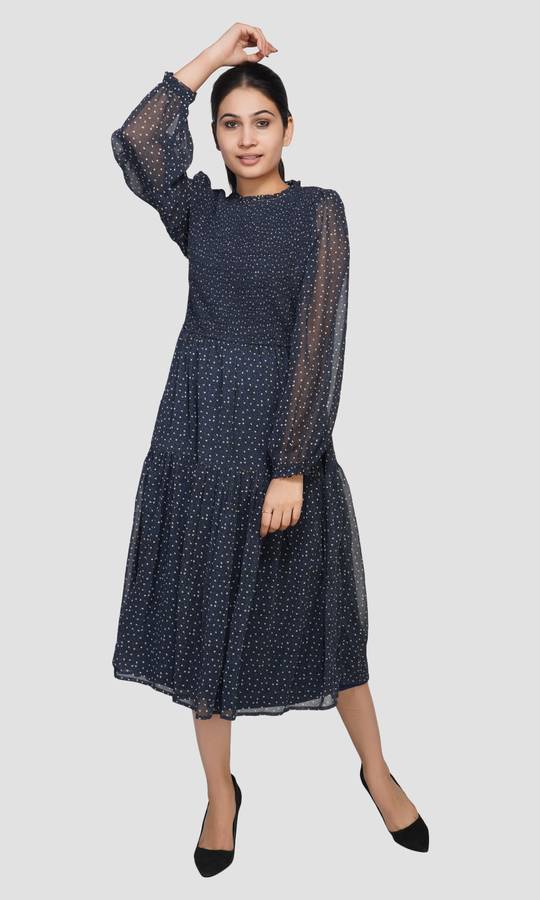 Women A-line Dark Blue, White Dress