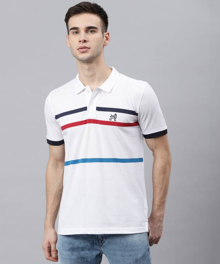 Striped Men Polo Neck White T-Shirt Price in India