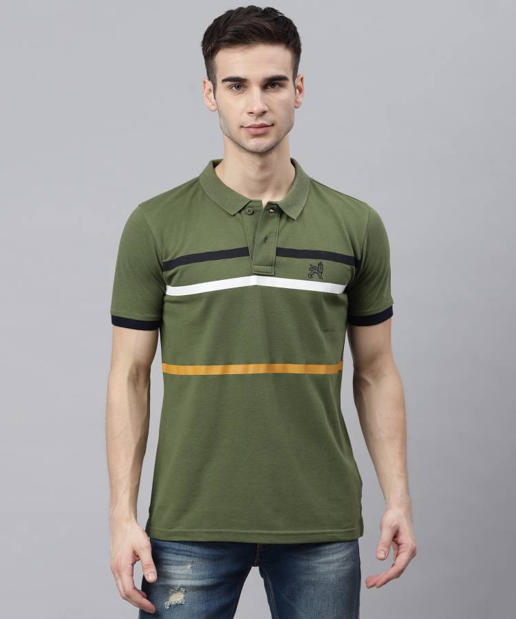 Striped Men Polo Neck Green T-Shirt Price in India